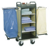 Room service trolley Opale, rubber protections, 2 bags:linen and PVC (walnut/beech) mis. 1050/1370x570x1310 mm. optional:cover for pvc bag